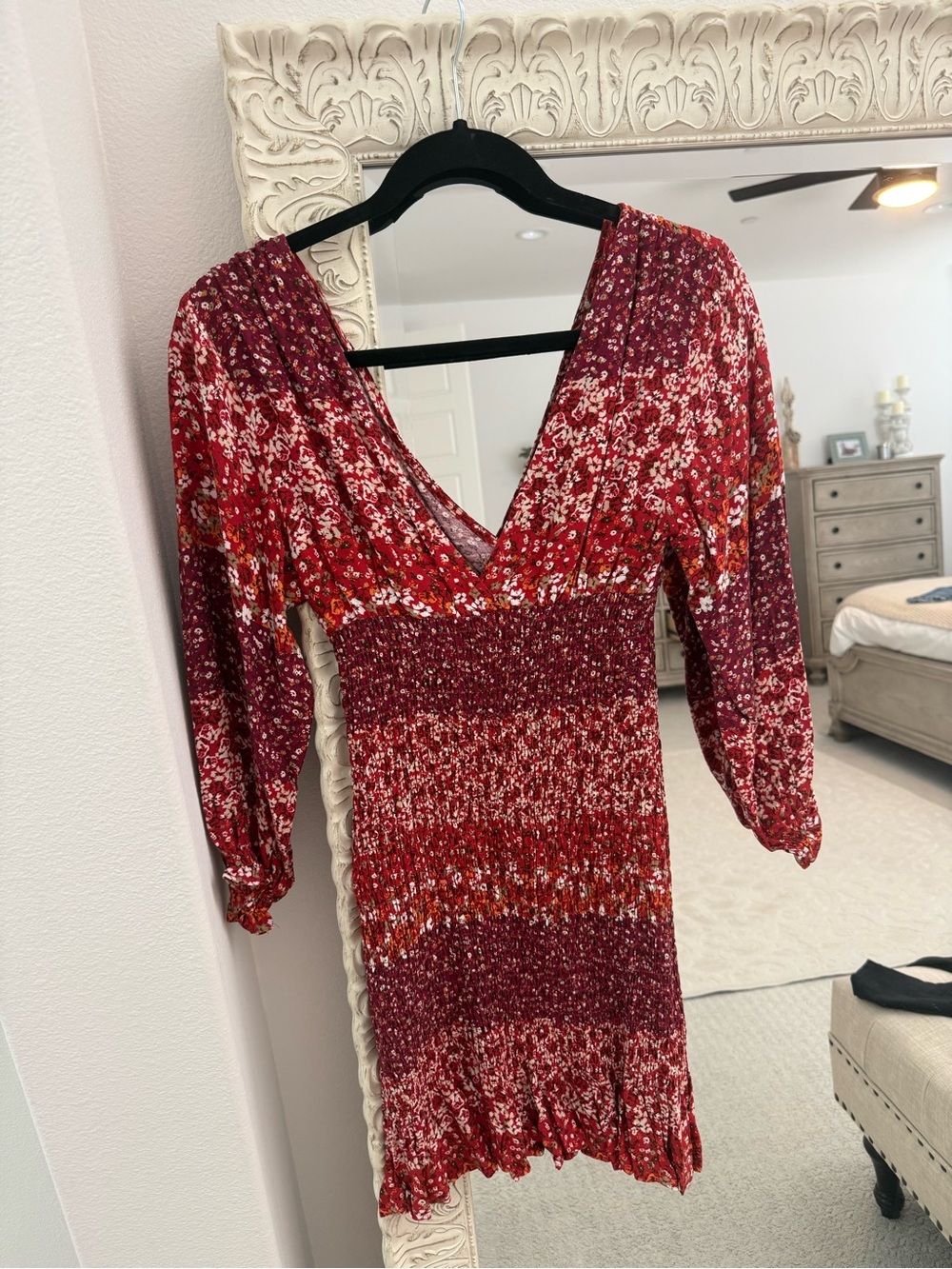 Skylar + Madison Red Floral V-Neck Smocked Mini Dress